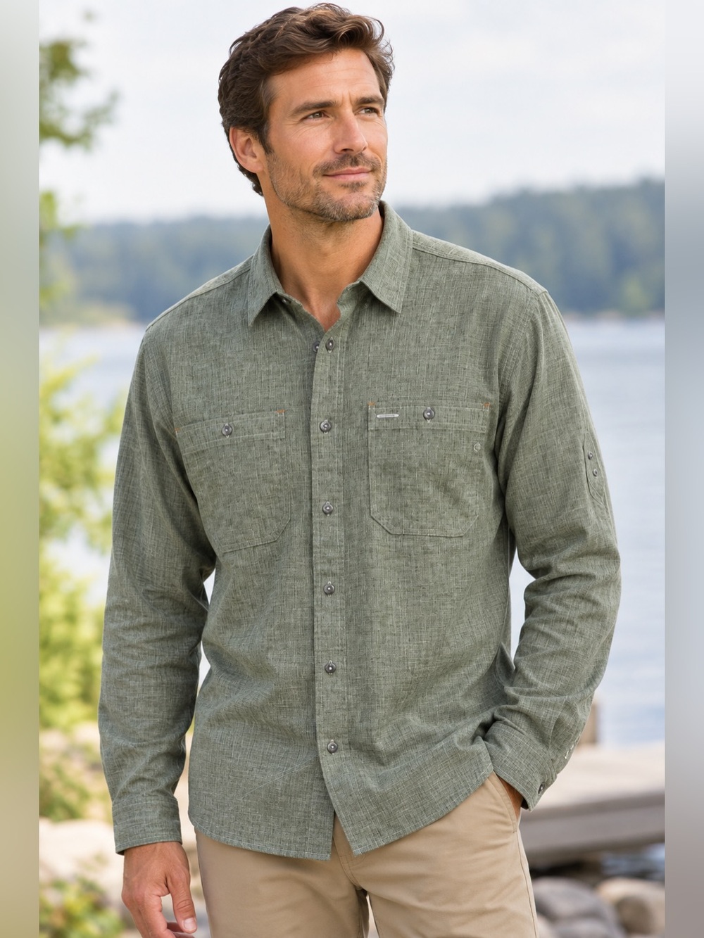 Orvis Men's Long-Sleeve Button-Up Shirt in Olive Green Size XL